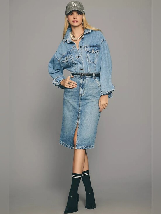 Pilcro Dresses & Skirts - Pilcro Front Slit Blue Denim Skirt, Size 10 Knee Length Cotton Western